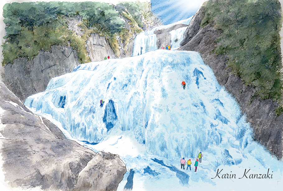 水彩風景画メイキング 茨城県袋田の滝の氷結 アニメーター かんざき かりん