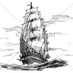 モノクロ　帆船　ペン画