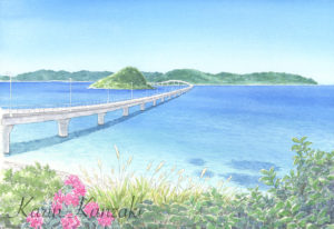 角島大橋（山口県）水彩画